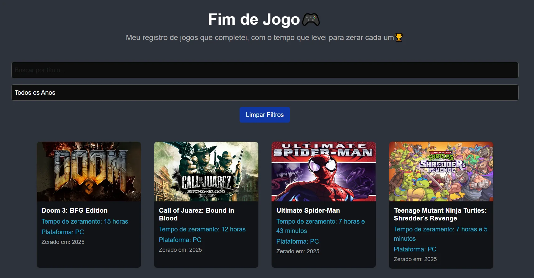 Tela do projeto Fim de Jogo